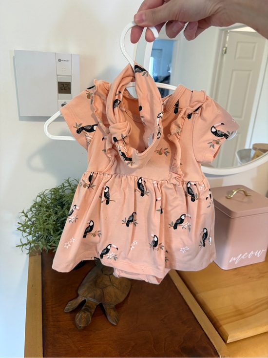 Petit Lem Other - Petit Lem Peach Toucan Print Baby Dress with Headband